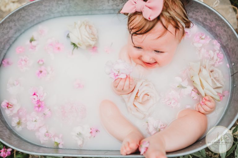 baby, 6 months, milk bath, bath, tub, flowers, Sungrove Blossoms and Events, baby girl, field, Helmer Nature Center, Rochester, NY, Family