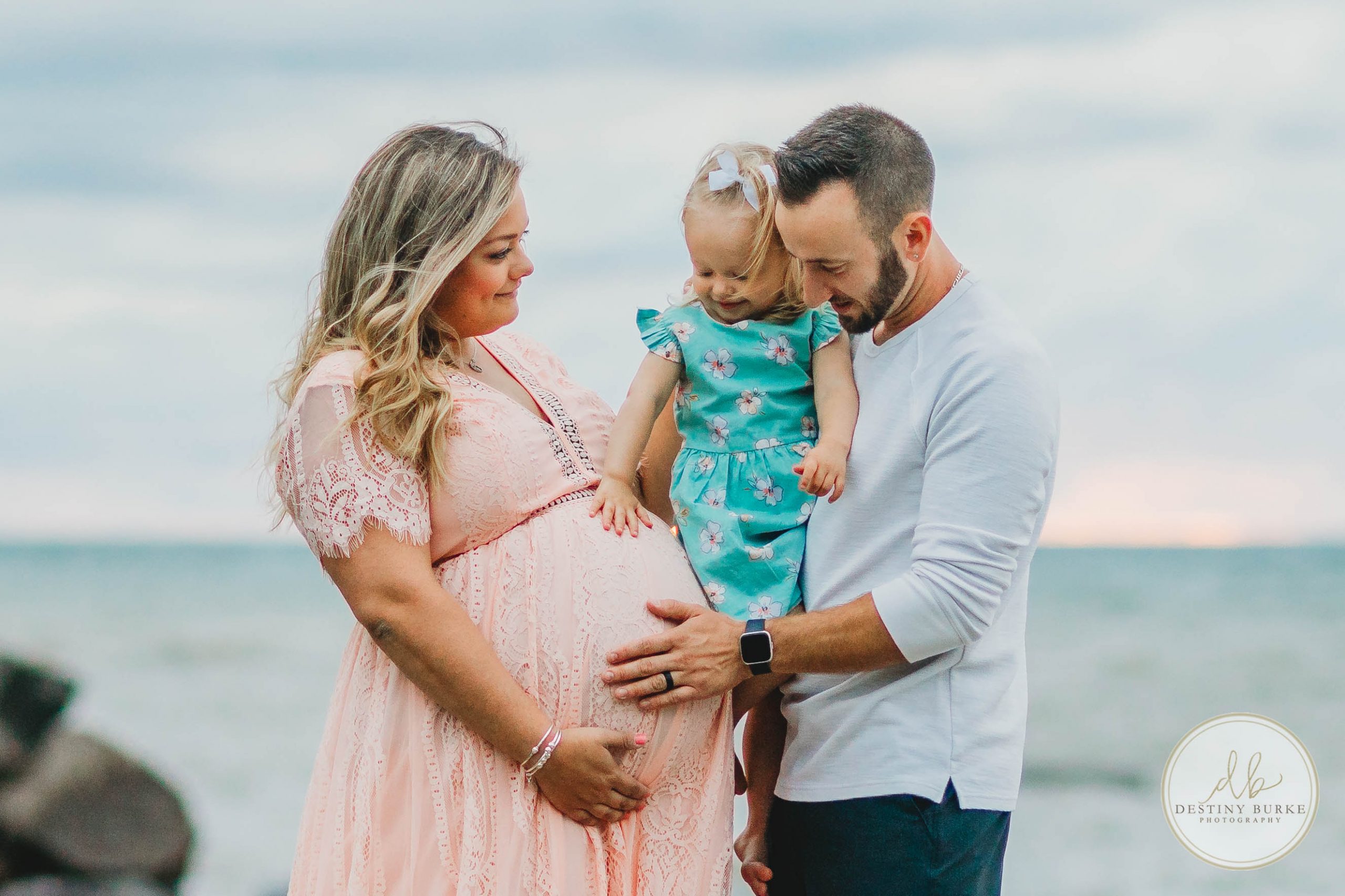 maternity, webster park, rochester, ny, photographer, photography, family of three, beach, lake, sunset, pink dress,