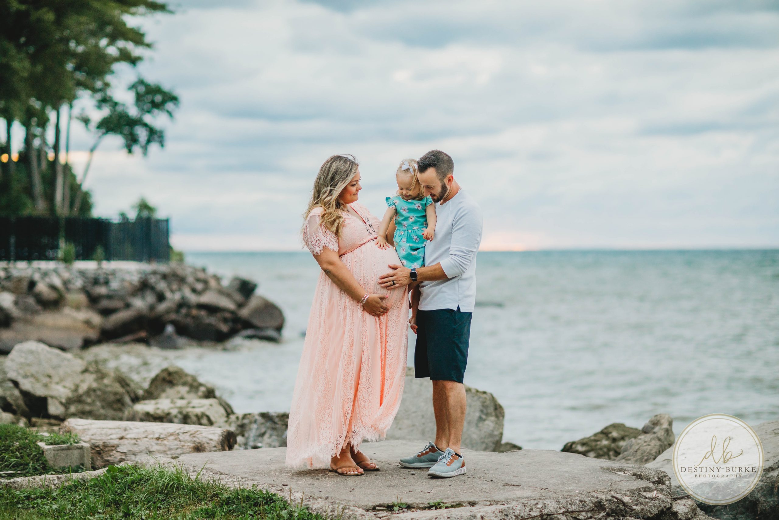 maternity, webster park, rochester, ny, photographer, photography, family of three, beach, lake, sunset, pink dress,