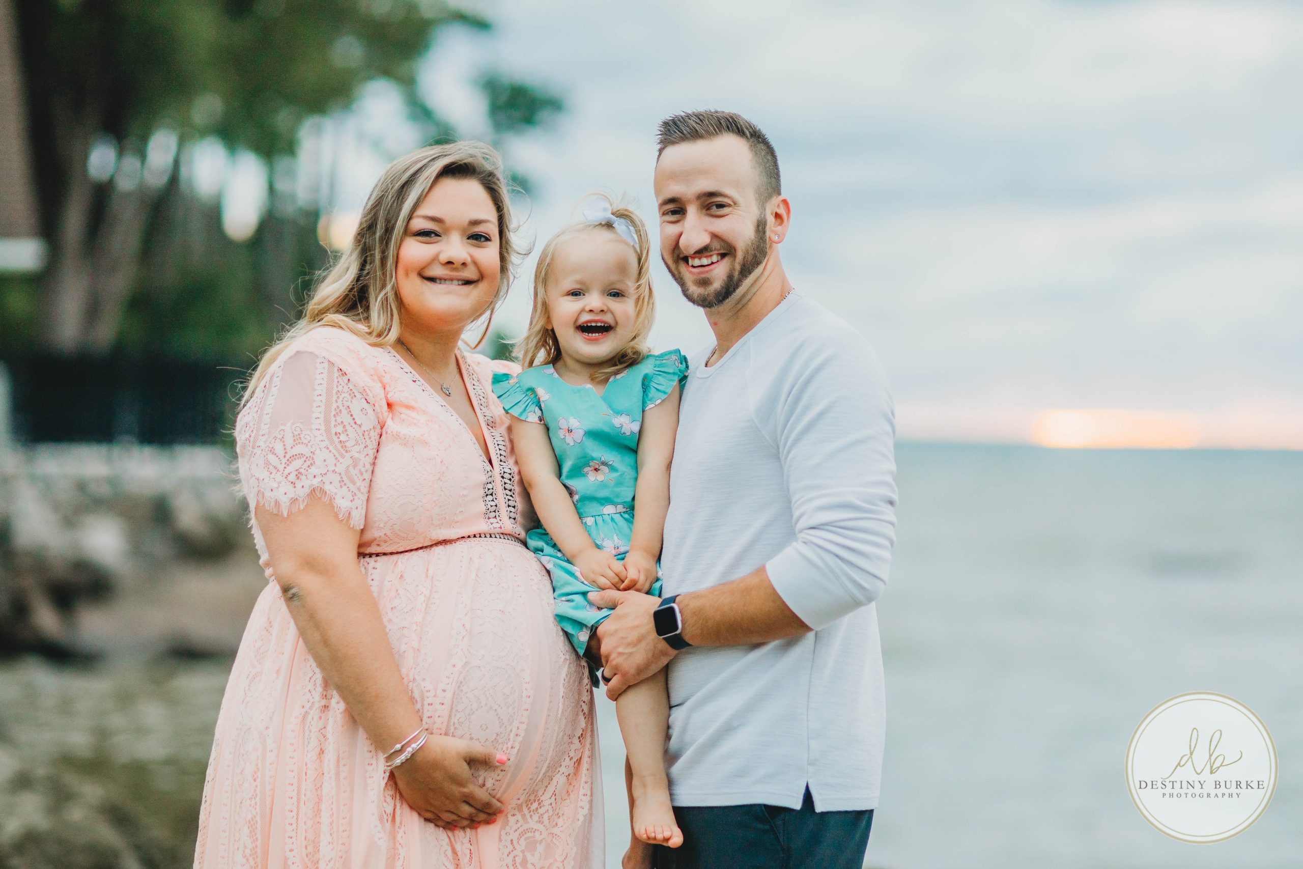 maternity, webster park, rochester, ny, photographer, photography, family of three, beach, lake, sunset, pink dress,