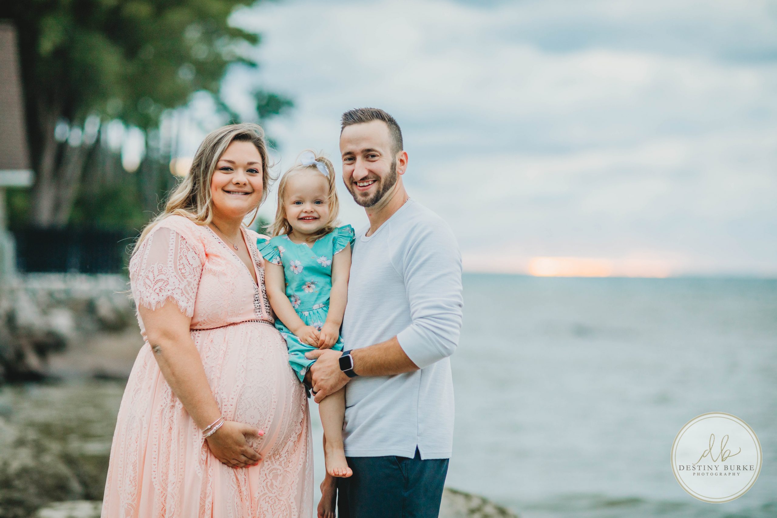 maternity, webster park, rochester, ny, photographer, photography, family of three, beach, lake, sunset, pink dress,