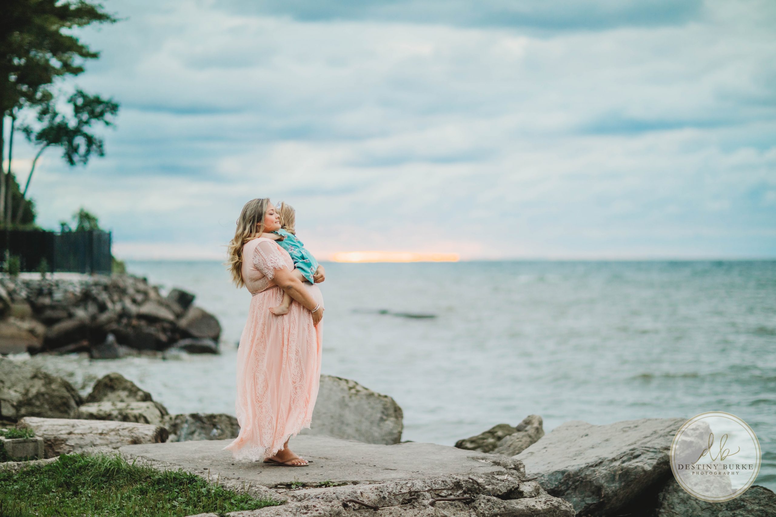 maternity, webster park, rochester, ny, photographer, photography, family of three, beach, lake, sunset, pink dress,