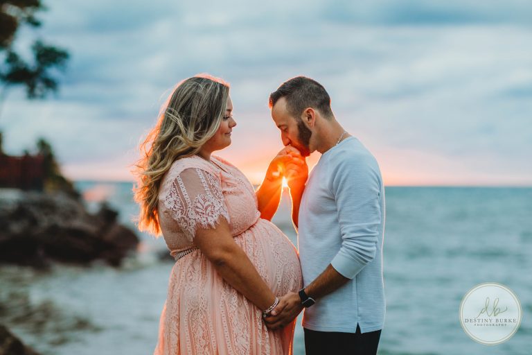 maternity, webster park, rochester, ny, photographer, photography, family of three, beach, lake, sunset, pink dress,