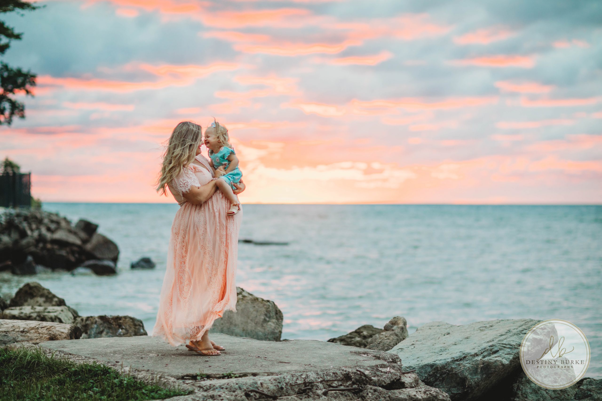 maternity, webster park, rochester, ny, photographer, photography, family of three, beach, lake, sunset, pink dress,
