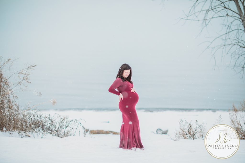 Durand Eastman Park, Rochester, NY, Maternity, Session, Photography, photographer, Snow, Lake Ontario, winter, snowfall, gown, dress, posing, poses