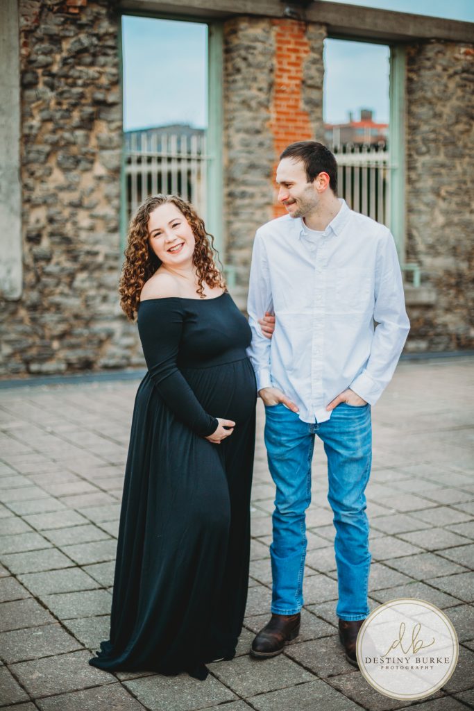 High Falls, NY, Rochester, Photography, photographer, maternity, couple, gown, dress, posing, poses, downtown,