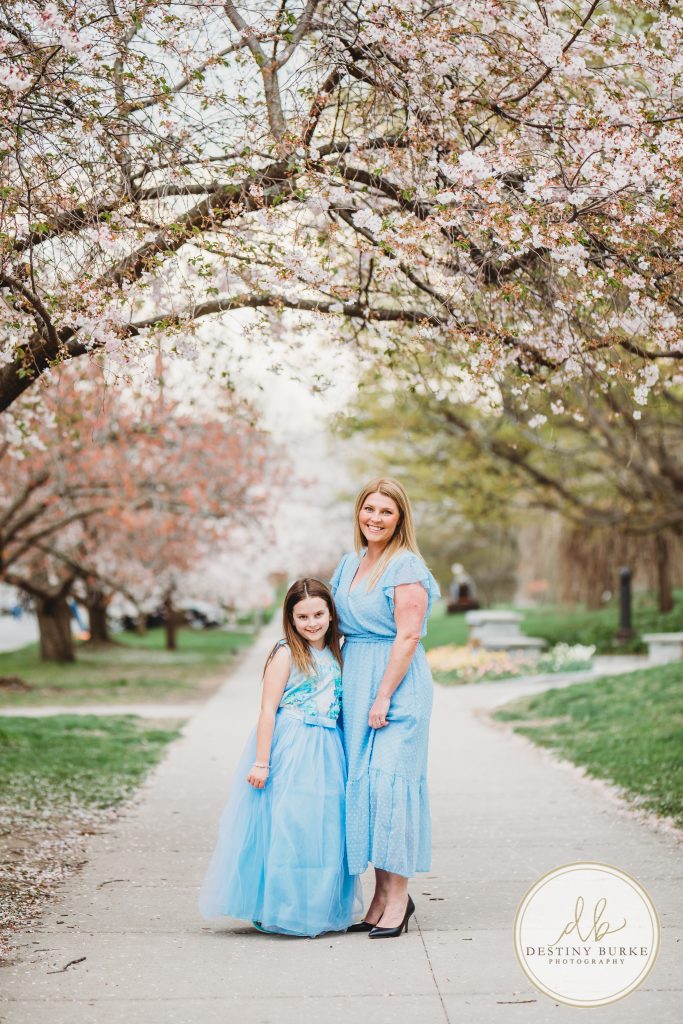 family, photographer, photography, highland park, lamberton conservatory, blue dress, cherry blossoms, Rochester, NY