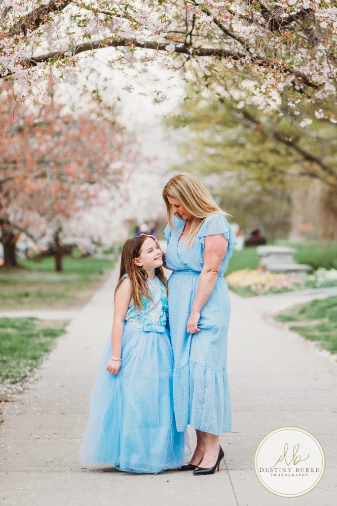 family, photographer, photography, highland park, lamberton conservatory, blue dress, cherry blossoms