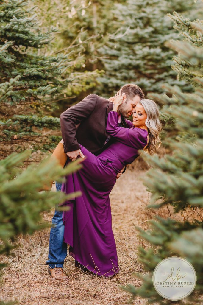 Husband and Wife Couples Anniversary Photography Session at tree farm near Rochester, NY, in LeRoy at McPherson Orchards tree farm.